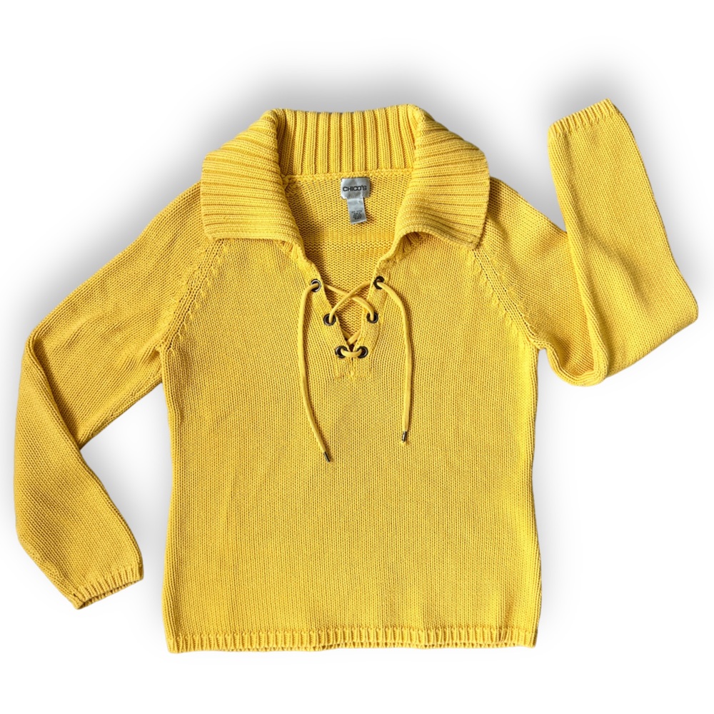 Chico’s Knitted Chunky Sweater Yellow Cowl Neck Size 2